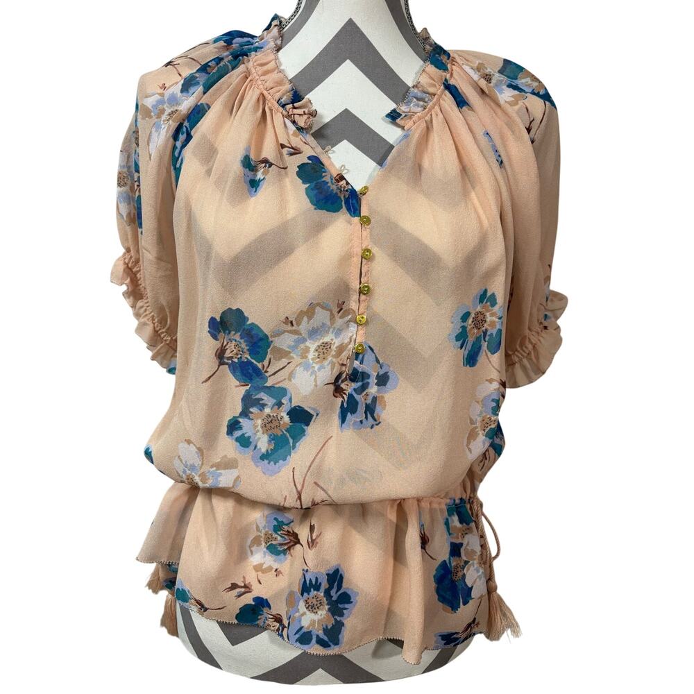 Ulla Johnson 100% Silk Chiffon Floral Peplum Blouse Sz 6 Tassel Drawstring Boho